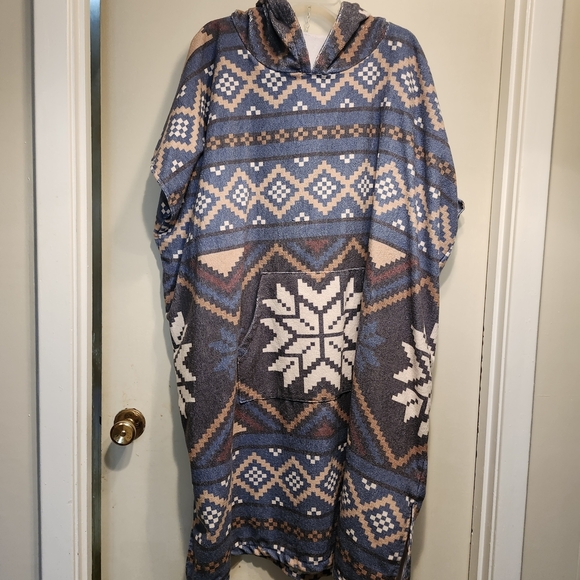 None Other - Cozy Hooded Poncho in Blue and Cream